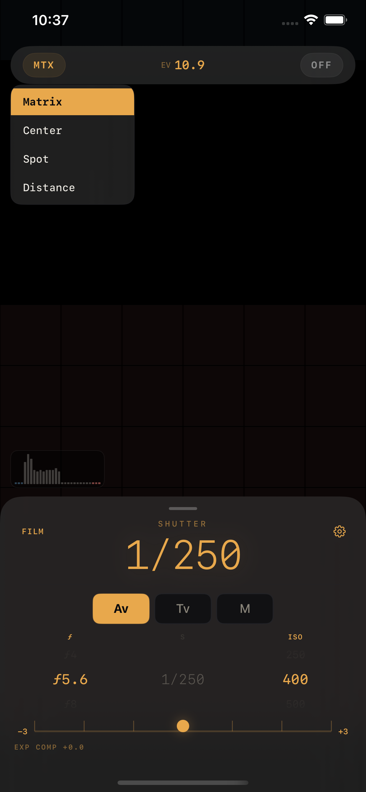 Main metering view with mode selector